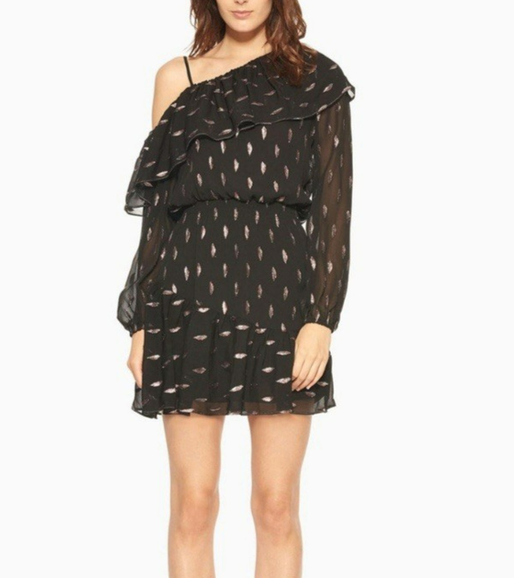 Parker Mini Dress Womens XS Black Silk Blend One Shoulder Metallic Design Party